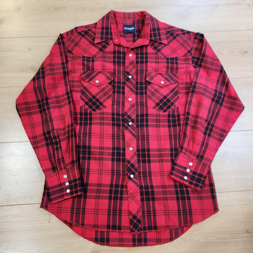 Wrangler Western Shirt Mens Large Red Plaid Pearl Snap Long Sleeve Cowboy Casual